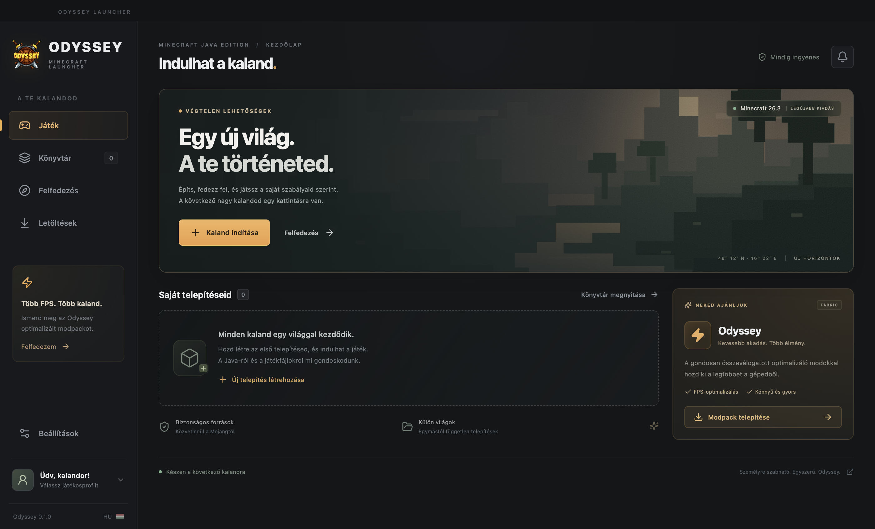 Az Odyssey launcher tényleges felülete: sötét és arany kezdőlap tájképpel, játékkönyvtárral és Odyssey modpackkal